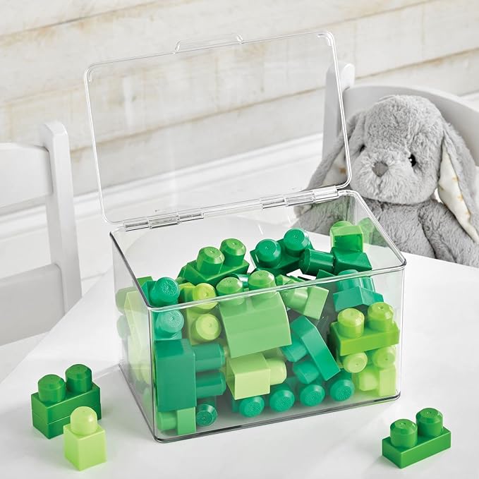 mDesign Set of 2 Storage Boxes with Lids ??Stackable Plastic Storage Boxes for Nursery ??Practical Plastic Toy Box Set ??Clear