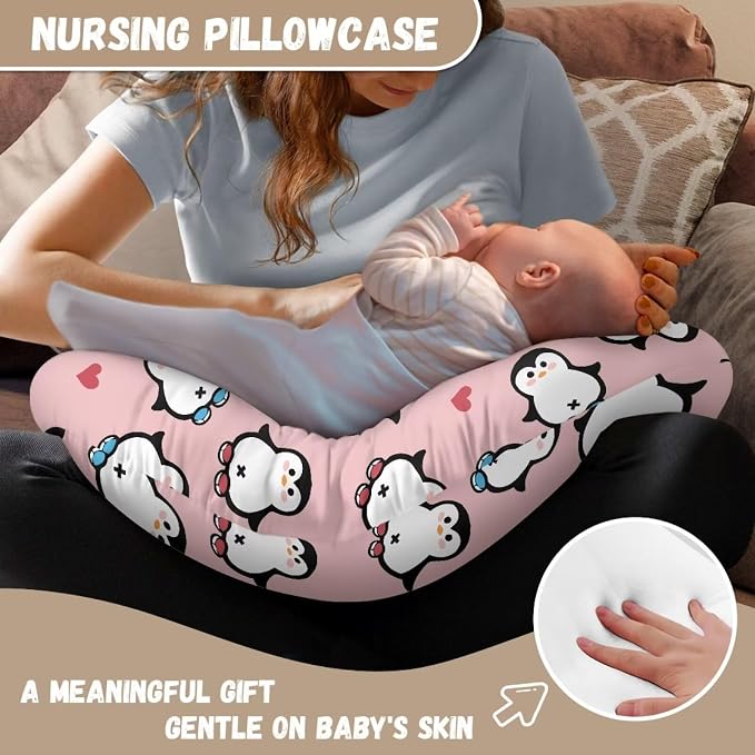 Pink Cartoon Penguin Nursing Pillow Covers U-Shaped Feeding Pillow Cover for Nursing Pillow Hidden Zipper Design Soft and Skin-Friendly