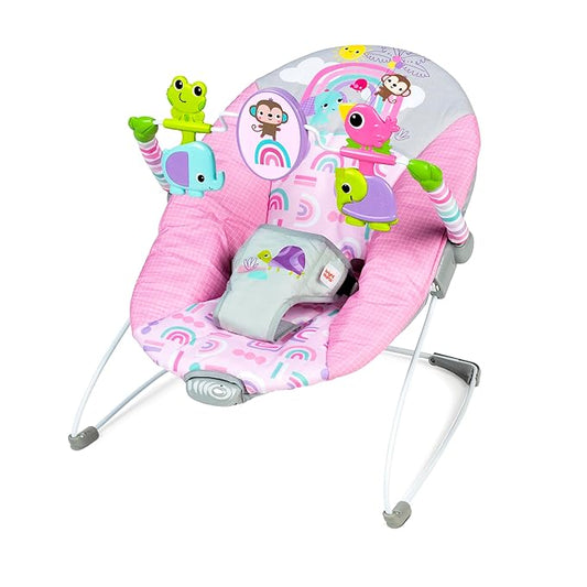 Bright Starts Pink Paradise Portable Baby Bouncer with Vibrating Infant Seat and -Toy Bar, Max Weight 20 lbs., Age 0-6 Months