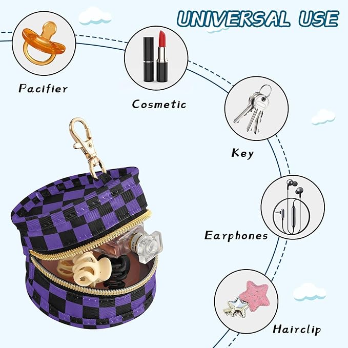 Dark Purple Checkerboard Plaid Pacifier Holder Case Newborn Pacifier Storage Pouch for Boys Girls Easy Attach to Diaper Bag Portable Baby Essentials Container