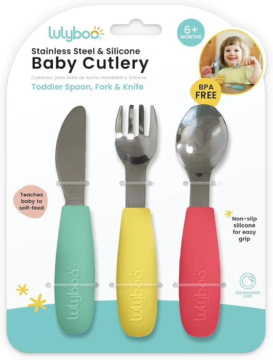 Lulyboo Baby Cutlery Set for Toddlers - Stainless Steel & Silicone, Non-Slip Handles, Durable Dishwasher-Safe Utensils for Self-Feeding, Ages 6 Months and Up, Child-Safe, Lightweight, Perfect for Home