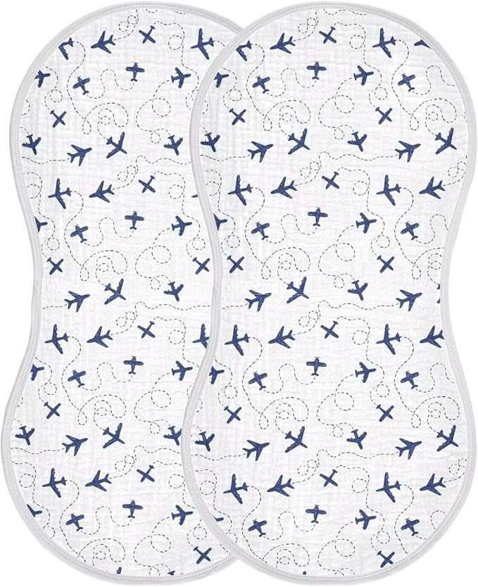 Baby Muslin Burp Cloths Set of 2 Blue Airplanes Muslin Washcloths Air Plane Transportation Sky White Milk Spit Up Rags Newborn Towel Burp Cloth Bib for Unisex Boys and Girls, 22 x 11 Inch