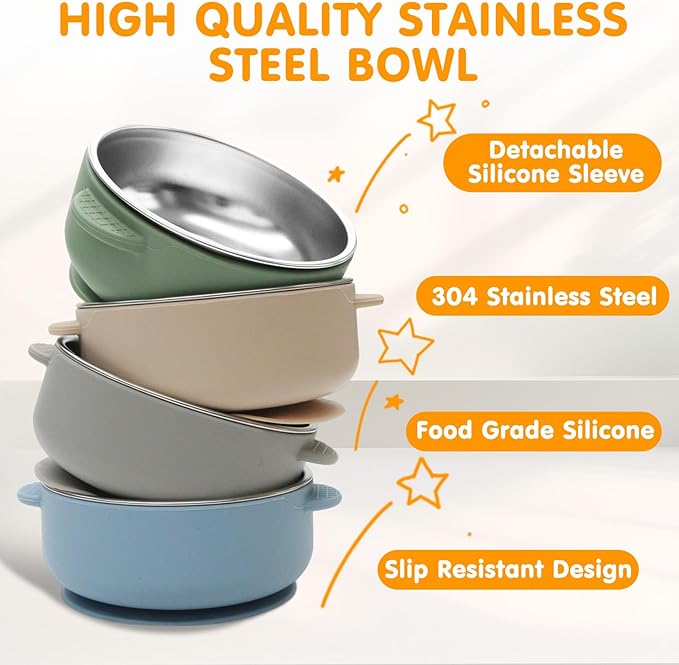 4 Pack Stainless Steel Baby Bowls with Suction, 2-in-1 SUS304 Toddlers Bowl & Removable Silicone Suction Kids Bowl Anti Scald Non Toxic Snack Container for Baby Food Feeding