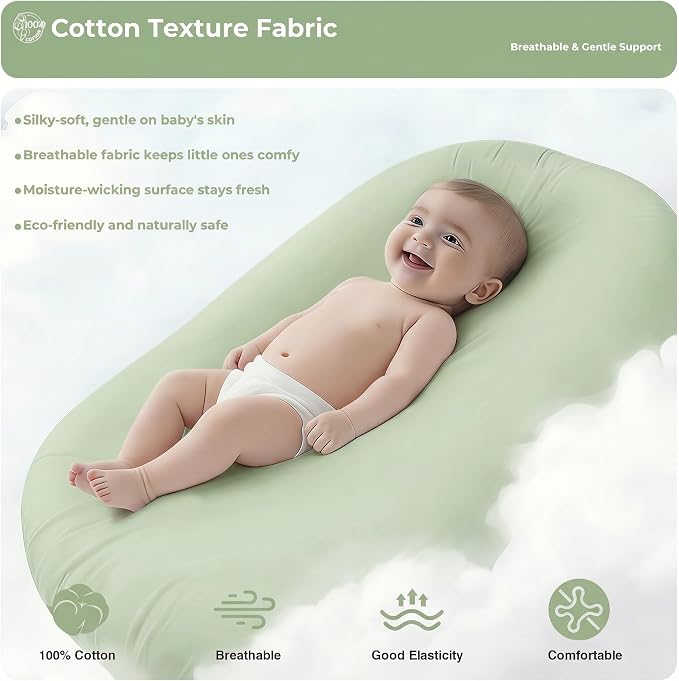 Infant Support Cushion - Baby Support Cushion for Newborn, 0-24 Months, Breathable Cotton Tummy Time Mat, Supervised Use, Portable Newborn Essentials for Home and Travel, Sage Green (Cover Included)
