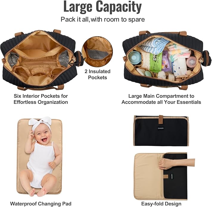 GOBABYMART Diaper Bag Tote for Moms, Baby Hospital Bag with Insulated Bottle Pockets, Changing Pad & Stroller Straps