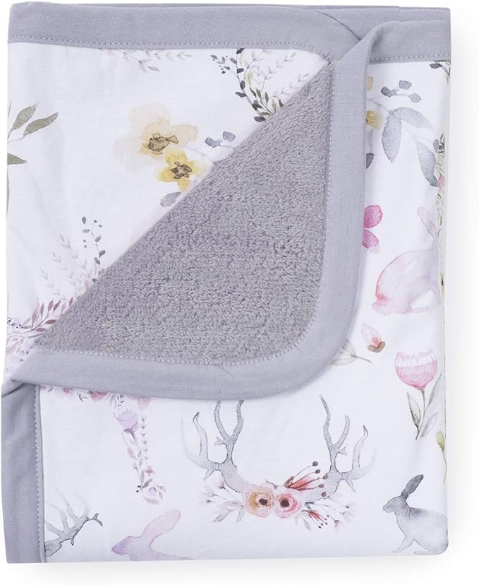 Oilo Baby Blanket, Luxury Soft Plush Chenille Backing & Organic Cotton Jersey Print, Double Layered, 30" x 40", Rolled Jersey Edge Trim, Machine Washable, Perfect for Infant or Toddlers, Woodland Fawn