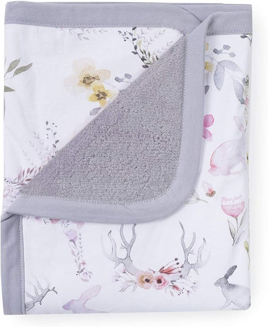 Oilo Baby Blanket, Luxury Soft Plush Chenille Backing & Organic Cotton Jersey Print, Double Layered, 30" x 40", Rolled Jersey Edge Trim, Machine Washable, Perfect for Infant or Toddlers, Woodland Fawn