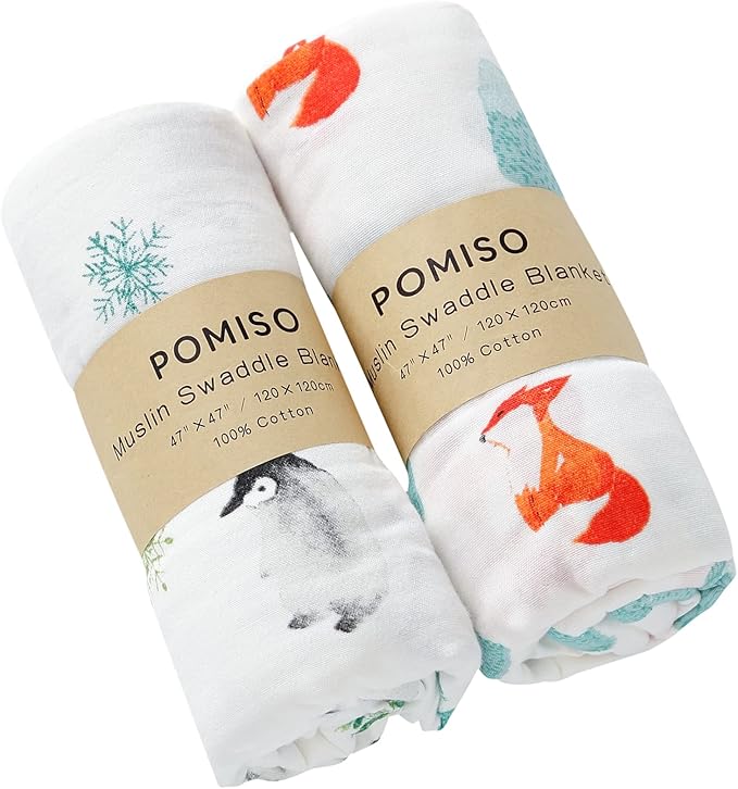 POMISO Muslin Swaddle Blankets for Boys & Girls, Newborn Receiving Blankets, Soft Breathable Baby Swaddles, Large 47x47 Inches, Fox & Penguin