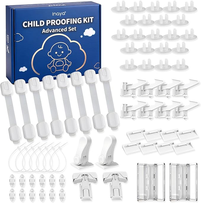 Inaya Baby Proofing Kit Advanced Set - Child Safety Hidden Locks for Cabinets & Drawers, Adjustable Safety Latches, Door Lever Locks and Outlet Covers and more - Keep Your Child Safe at Home