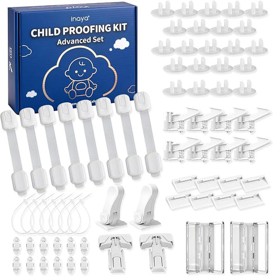 Inaya Baby Proofing Kit Advanced Set - Child Safety Hidden Locks for Cabinets & Drawers, Adjustable Safety Latches, Door Lever Locks and Outlet Covers and more - Keep Your Child Safe at Home