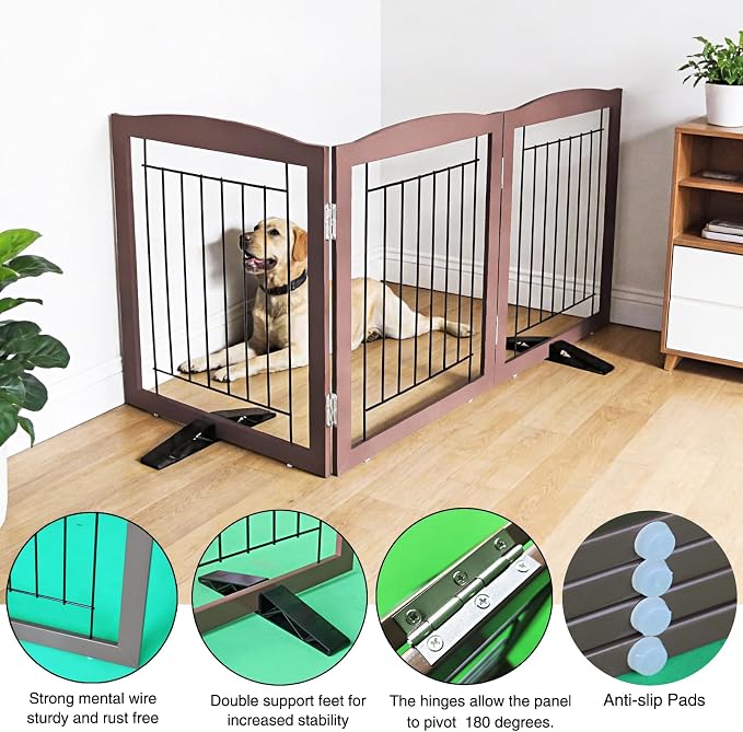 Dog Fence Indoor,Dog Gate Indoor for Doorway pet gate -3-Panel Freestanding, Hallways, House or Stairs -60x24-Inch Retractable Foldable Expandable Wood Pet by SFJC (Brown) ﻿