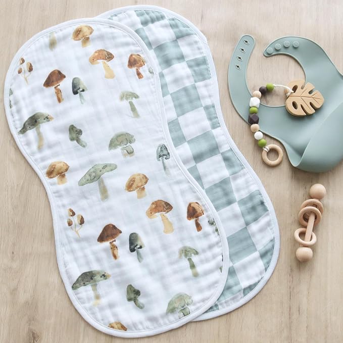 LifeTree Muslin Baby Burp Cloths - 2 Pack 70% Viscose from Bamboo and 30% Cotton Large 22'' by 10.6'' Absorbent Milk Spit Up Rags - Burping Cloths for Newborn, Girls Boys, Mushroom and Green Checkered