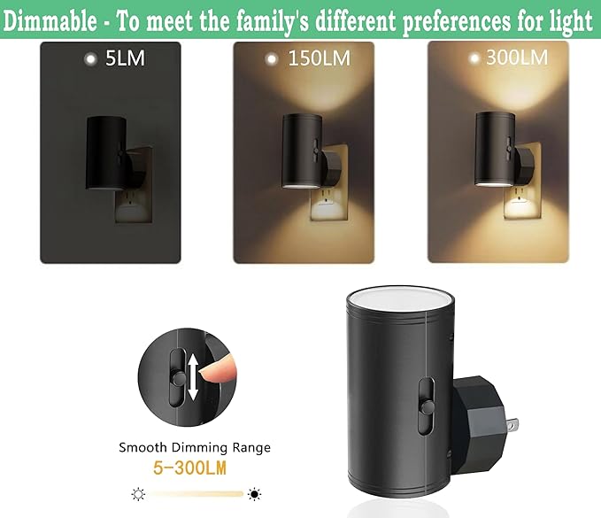 4 Pack Dimmable LED Night Light Plug-in with Dusk to Dawn Sensor, 5000K Daylight, 0-300LM Adjustable Brightness & 180° Rotating Head, Auto On/Off, for Bedroom, Bathroom, Kitchen, Hallway Outlet