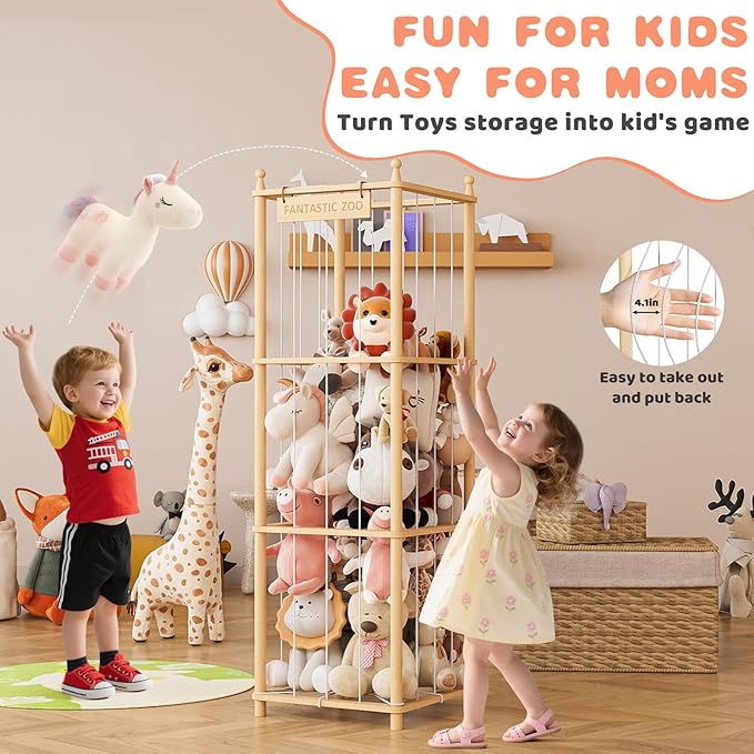 TOPMELON Stuffed Animal Zoo Storage, Cute Wooden Toys Tower for Kids, Large Capacity Plush Toy Organizer Holder for Playrooms & Children's Room (16.8??x 16.8??x 53.6??