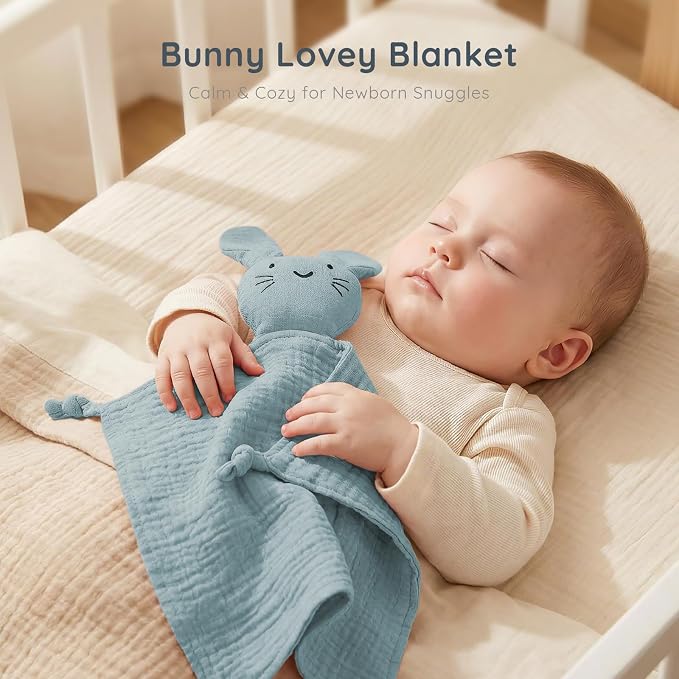 Organic Cotton Muslin Bear & Bunny Lovey Blanket for Newborns, Soft & Breathable Security Blanket for Babies, Ideal Self-Soothing Solution (Bunny-Blue)