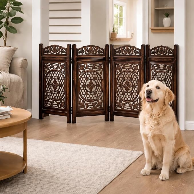 Pet Gate Indoor Foldable in Raise Wood-4 Panel Dog Safety Gate, 56" W x 28" H, Hand-Carved Solid Wood & MDF,Free Standing Portable Indoor Gate for Doorways,Halls, Stairs-Fully Assembled,Burnt