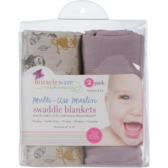Miracle Blanket Soft Muslin Swaddles Newborn Nursery Sleep Essential - Pack of 2 Warm Wraps (Forest Owls)