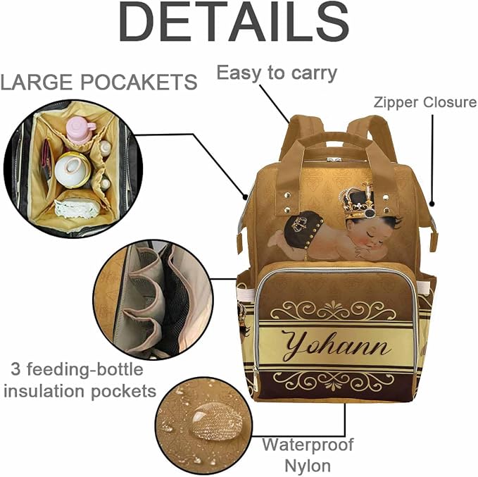 M YESCUSTOM Personalized Name Diaper Bag Backpack, Brown Crown Diaper Baby Bags for Mom & Dad, Portable Travel Back Pack Baby Shower Gifts, Multifunction Nappy Changing Bag