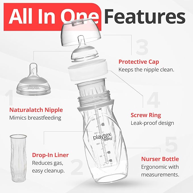 Playtex Baby Anti-Colic Nurser Bottle with Pre-Sterilized Disposable Drop-Ins Liners, 8 Oz Bottles (3 Count), Bottles for Newborn and Breastfeeding Babies, Feeding Essentials