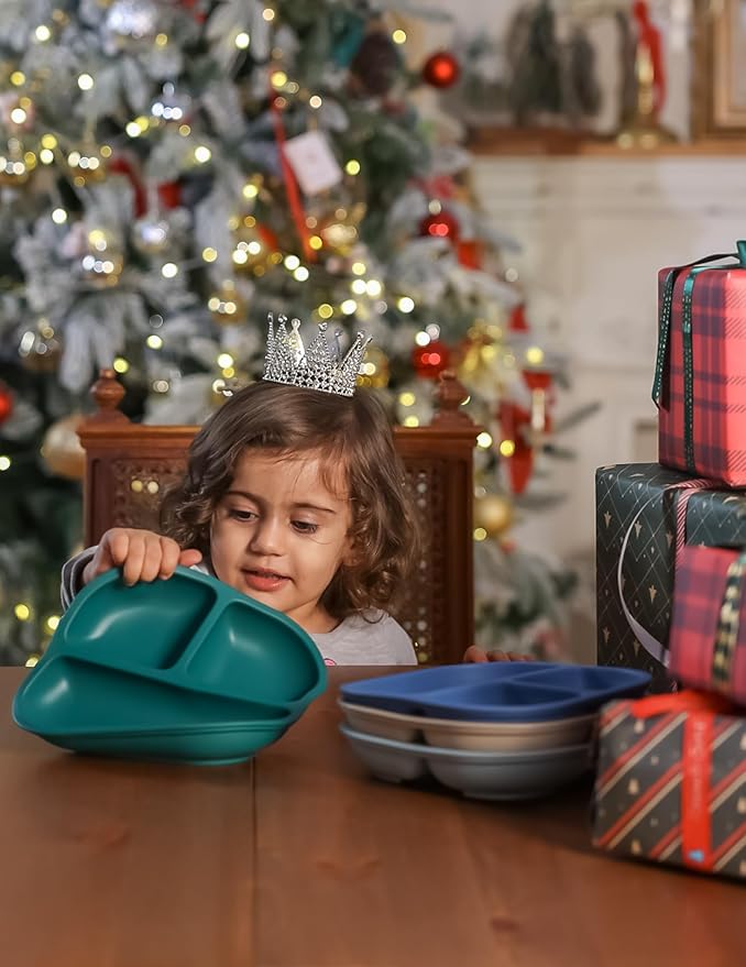Babelio Powerful Suction Plates for Baby and Toddler, 100% Food Grand Silicone, Divided, BPA Free, Microwave & Dishwasher Safe, Stay Put, 3 Pack