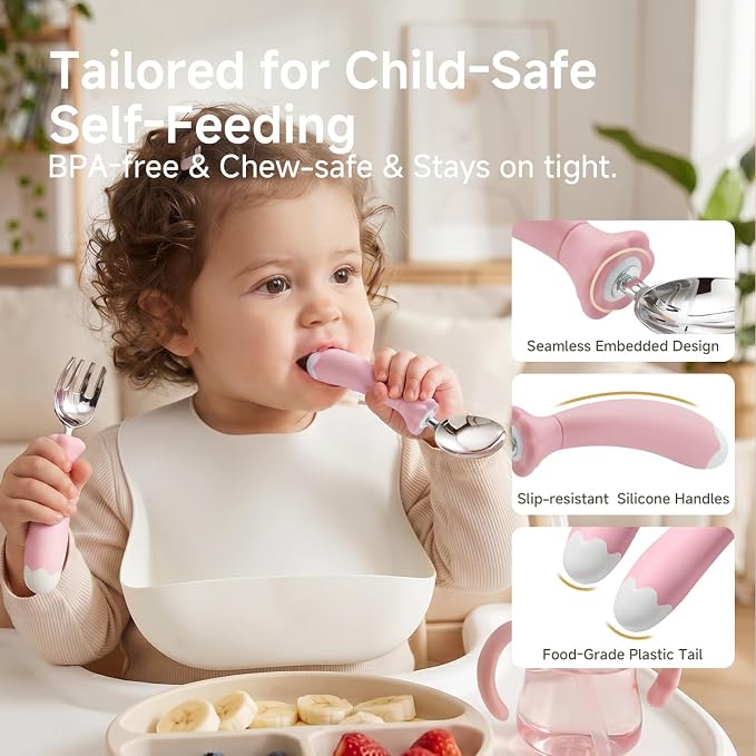 KINGSTONE Toddler Utensils with Case, Kids Silverware Set with Silicone Handles, 18/10 Stainless Steel Children Safe Forks and Spoons, Travel Carrying Cases BPA Free, Dishwasher Safe (pink)