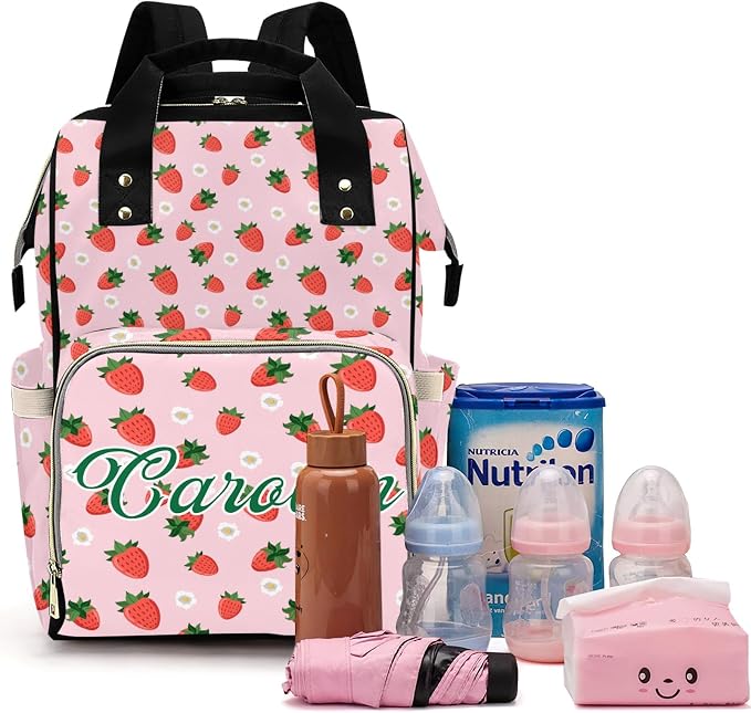 Custom Diaper Bag with Name Personalized Multifunctional Mommy Backpack for Shoulders Outdoor Backpack for Newborn Baby Thermal Pockets Nursing Bags （Strawberry 1）
