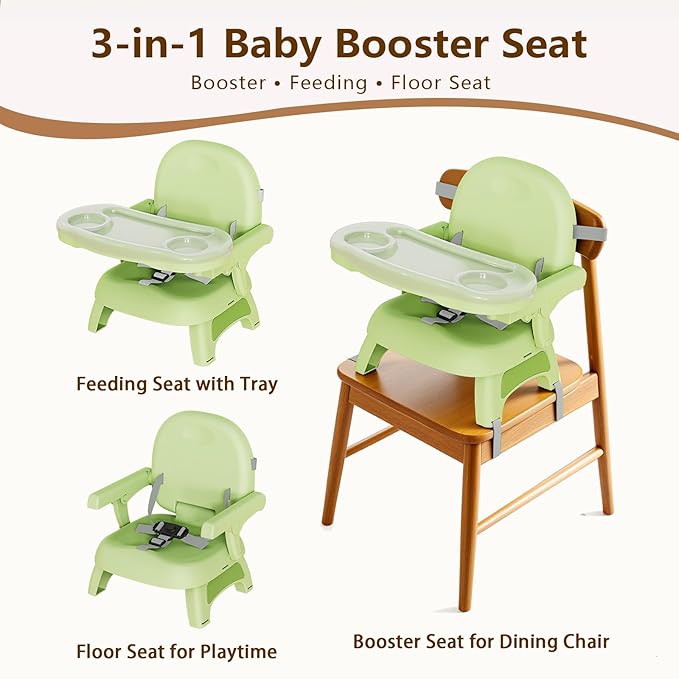 Booster Seat for Kitchen Chair, 3-in-1 Foldable & Portable Booster Seat with Tray, Extra Dishwasher-Safe Tray, Safety Straps for 6??8M (Up to 30 lbs), for Dining Table & Travel, Green
