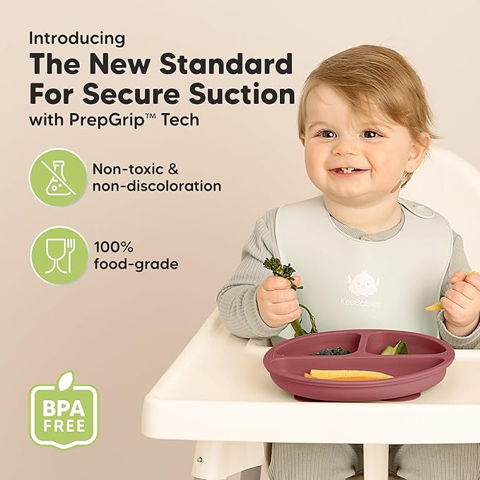 KeaBabies Suction Plates for Baby, Toddler - 3-Pack 100% Silicone Toddler Plates with Suction, Divided, BPA-Free Baby Led Weaning Essentials for Kids, Dishwasher, Microwave Safe, Durable (Burgundy)