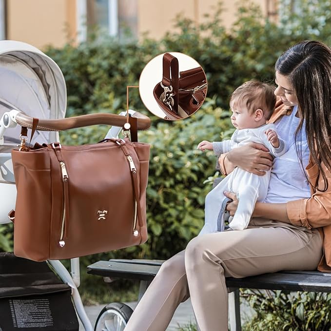miss fong Diaper Bag Tote Leather Diaper Bag Backpack, Large Capacity Mommy Bag Hospital Bag, 12 Pockets Travel Diaper Tote with Changing Pad Pañaleras Para Bebe for Mom & Dad-Brown | Large Capacity, Mommy Bag, Hospital Bag, 12 Pockets, Travel Diaper T...