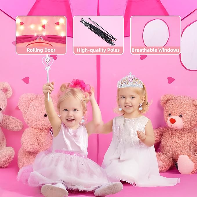 13 Pcs Princess Castle Play Tent with LED Star Lights - Princess Dress-Up Set with Crown for Little Girls - Play Toy Tent - Indoor and Outdoor Girls Castle Playhouse Tent - Rainbow