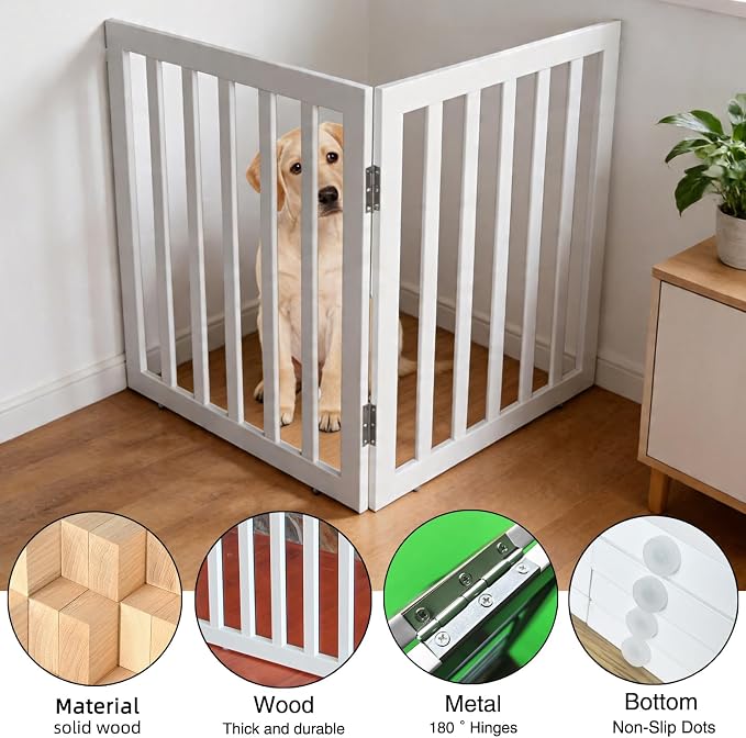 Dog Gate Indoor, Freestanding Dog Fence for The House, Doorways, Hallways,or Stairs,Pet Gate Foldable Wooden,Expandable 32" Height 2 Panels,White