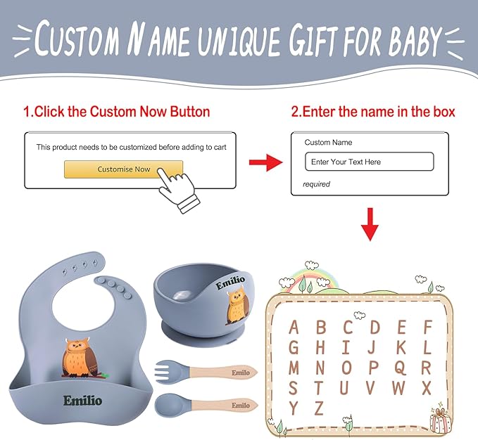 TYRY.HU Personalized Silicone Baby Feeding Set, Custom Baby Led Weaning Supplies Self Feeding Utensils, Suction Bowl, Bibs with Spoons Forks with Name (Grey)
