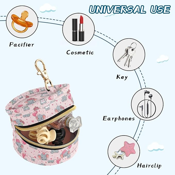 Elephants Hearts Pink Pattern Pacifier Holder Pacifier Case Portable Baby Paci Container Box with Clip Handle Baby Stroller Diaper Bag Essentials