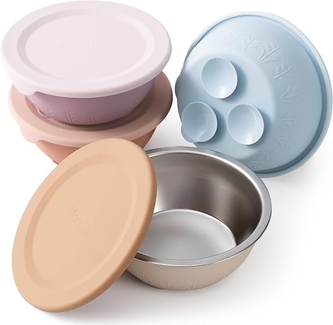 Moonkie Baby Suction Bowls for Self-Feeding: 3 Strong Suction Bases Prevent Spills - Seamless One-Piece Design for Easy Cleanup - Stainless Steel & Silicone Toddler Bowls with Lids - 13 oz 4 Pack