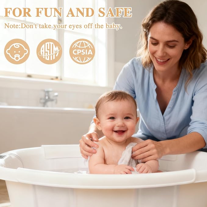 Baby Bathtub, Baby Bath Tub with Thermometer & Soft Cushion, Collapsible Infant Bathtub for Newborn to Toddler 0-36 Months, Quick Use & Portable for Travel(White)