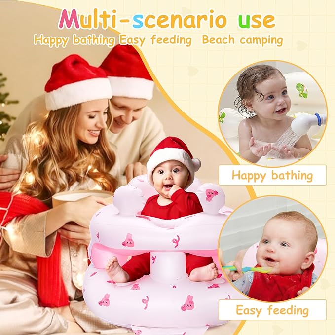 Inflatable Baby Seat for Babies 3-36 Monthsï¼?Squeaky Sound & Anti-Fall Design] Inflatable Chair with Sound-Making Ears, Baby Seat for Sitting-Up Practice, Built-in Air Pump (Pink Bunny)