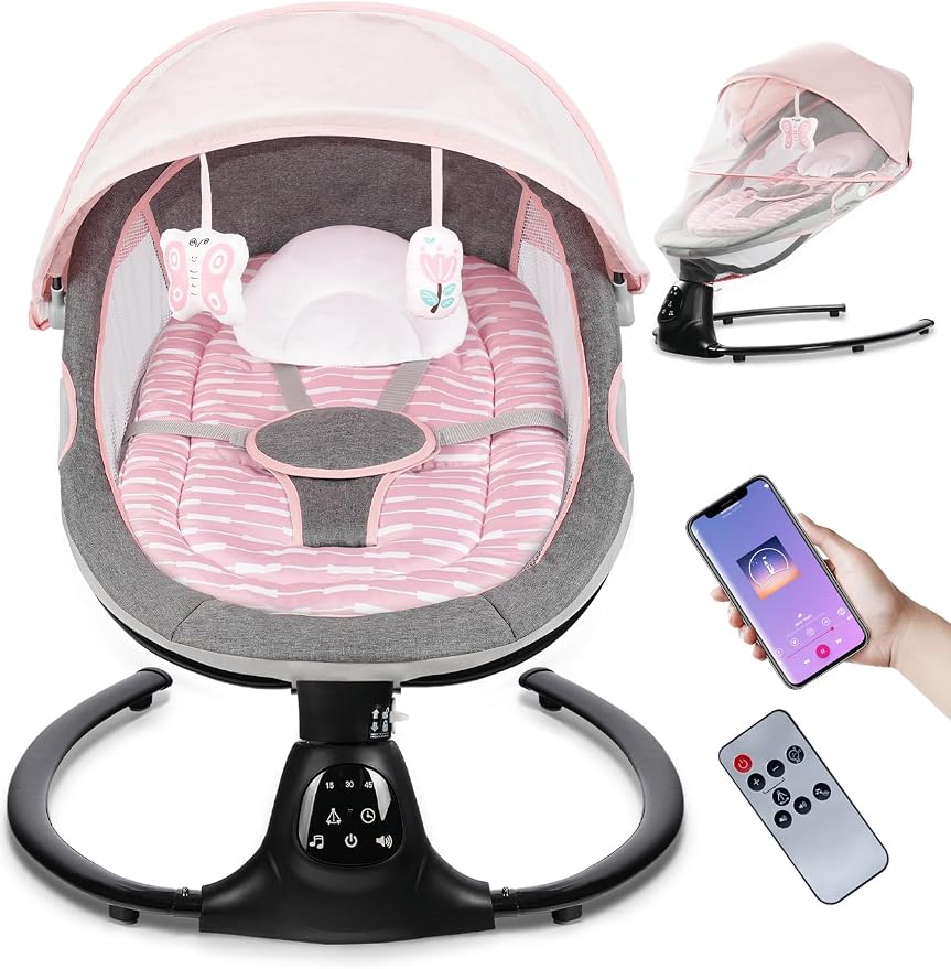 Baby Swing for Infants, 0-9 Months Baby Swing Support Music Playback, 5 Sway Speed, Electric Swing for Baby with Remote Control, Indoor & Outdoor Use (Pink)