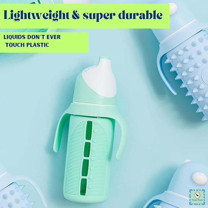 Tabor Place Set of 2 - Glass Sippy Cup for Toddlers - The Luca | Spill-Proof | Silicone Straw | Mint Green & Indigo Purple | 8 oz | Liquids Never Touch Plastic | Removable Handles??(blue/green)