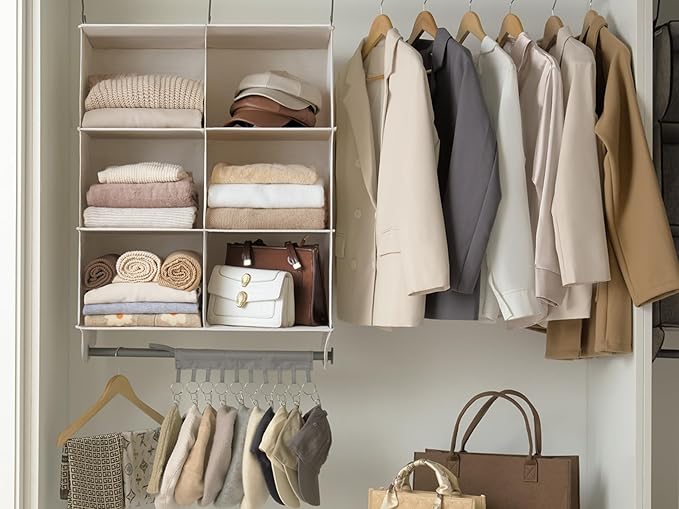 StorageWorks Hanging Closet Organizer with Metal Rod, 6-Section Closet Organizers and Storage, Collapsible Hanging Shelves for Baby Clothes, Shoes, Sweater Storage, Ivory and White