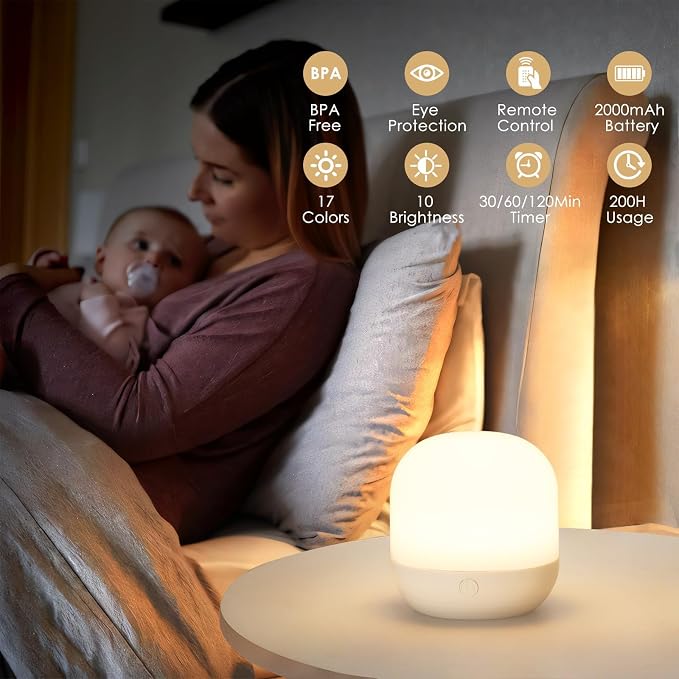 Rechargeable LED Night Light for Kids - Dimmable Bedside Lamp with Remote Control, Portable Baby Night Light with 17 Colors Changing & Timer Setting for Baby Nursery Toddler Room Breastfeeding