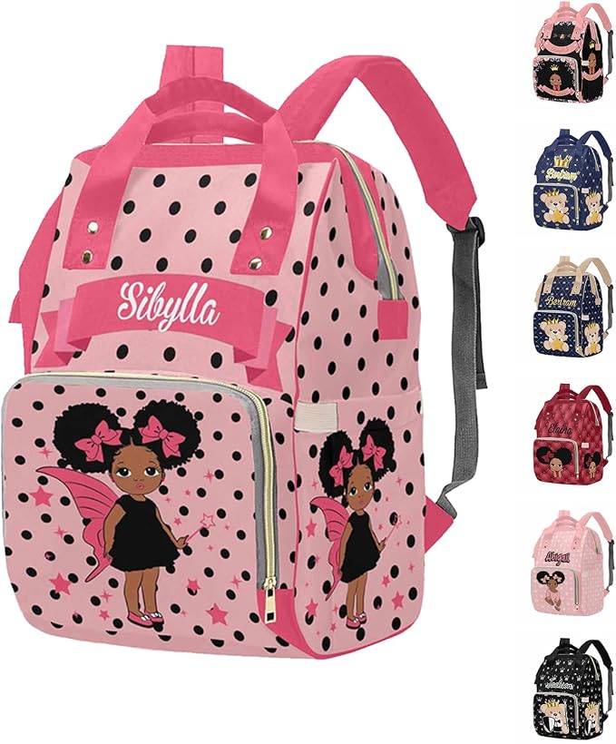 M YESCUSTOM Personalized Pink Baby Diaper Bag, Customized Name Black Dots On Pink Mommy Nursing Backpack Multifunction Travel Daypack for Mother's Day Birthday Gift