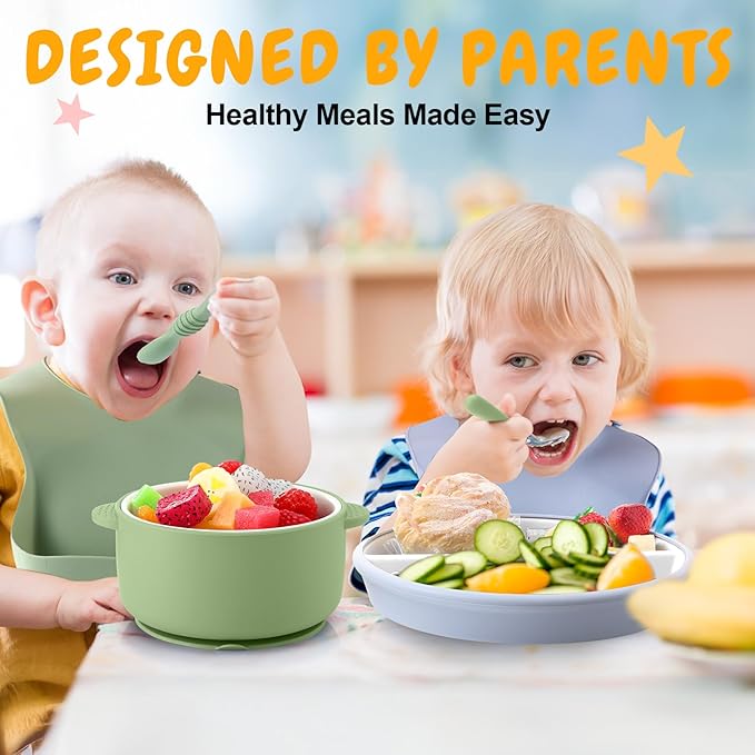 Teenyyou 9 Pcs Porcelain Kids Plates and Bowls Feeding Set with Suction, Ceramic Baby Toddler Divided Plates Silicone Sleeve Bowls Forks Spoons Cup Bib Microwave Dishwasher Safe(Sweets)
