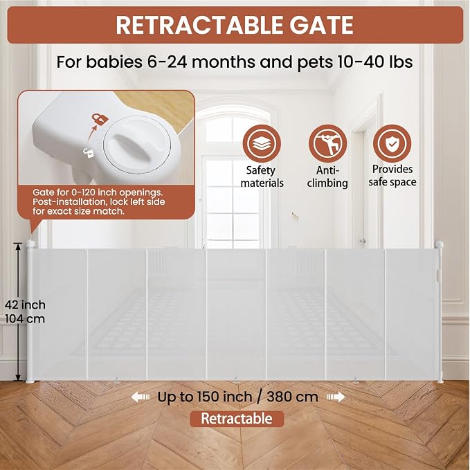 Upgrade Retractable Baby Gates Extra Wide(150" W x 42" H), 150 inch Reinforced Retractable Dog Gate to Prevent Crawling Through, Retractable Gate Outdoor/Indoor, Real One-Handed Operation, White