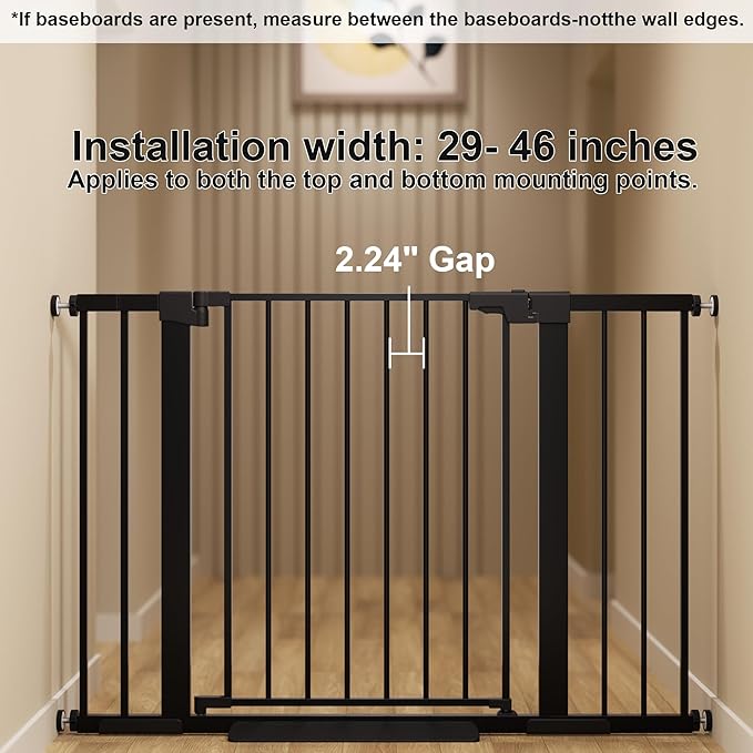 29-46 inches Metal Baby Gate for Stairs/Doorways, 30 inches Tall Pressure Mounted Pet Gates, Auto-Close Child Safety Gate, No Drilling Easy Walk-Through Dog Gate Indoor, Black