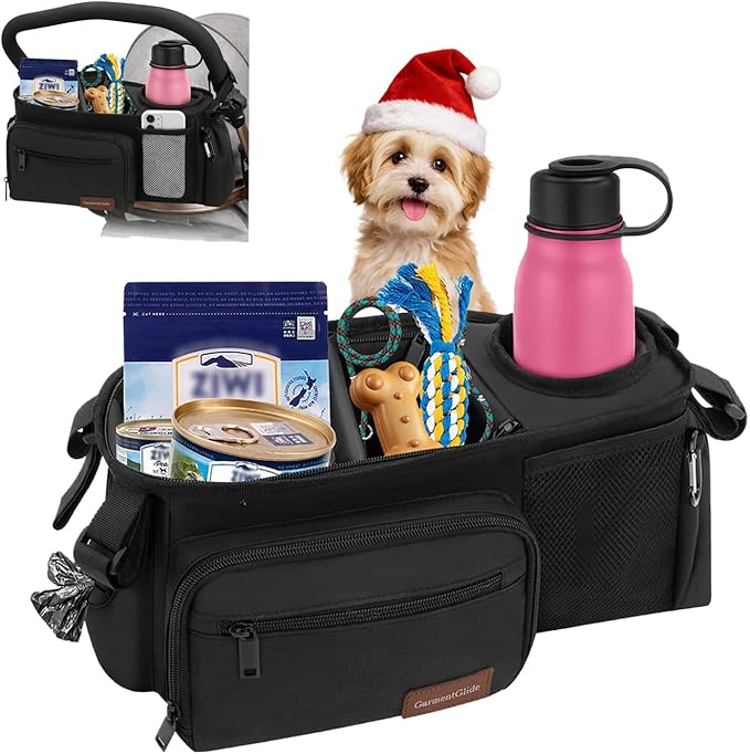 Dog Stroller Organizer Bag, Dog Mom Gifts for Women Pet Stroller Caddy, Stroller Accessories with Cup Holder, Poop Bag Dispenser, Pockets for Dog Essentials, Fits 14??9" Handles, Dog Mom Gift Ideas
