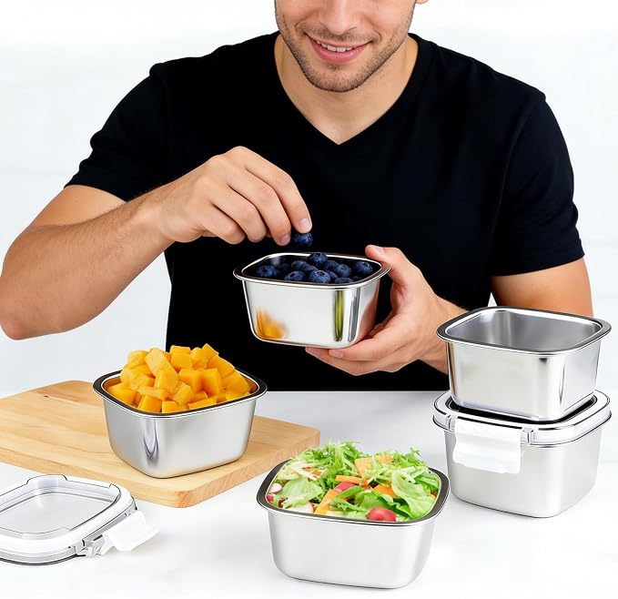 Stainless Steel Small Container with Lid - 5 Piece 15.2oz Reusable Stainless Steel Snack Containers, Leakproof Freezer Safe Metal Bento Box Fit for Portioning Snacks, Dips, and Salad