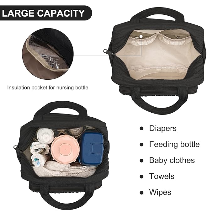 Lushandy Baby Diaper Bag Tote, Mom Bag Crossbody Diaper Bags Baby Travel Bags for Girl Pañaleras Para Bebe (Black, Small)