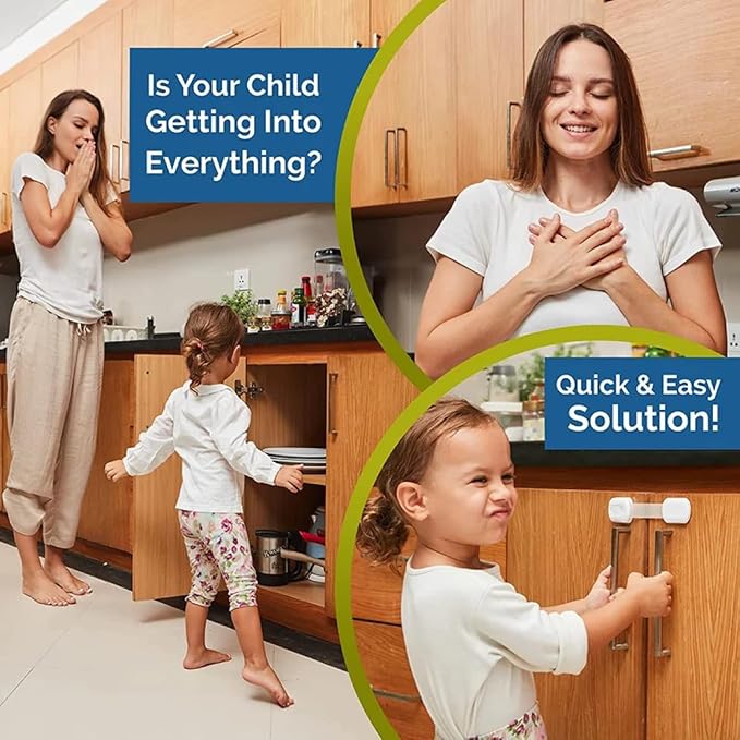 10 Pack Multi-Use Baby Locks, Safety Cabinet Child Proofing, Quick and Easy 3M Adhesive for Cabinets, Drawers, Fridges Toilet Seats and More (White)