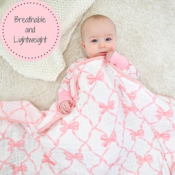 LollyBanks Muslin Baby Blanket, 100% Cotton 6 Layers Cozy Newborn Blanket for Girls, Large 47 x 47 Inches Baby Receiving Blankets, Durable Toddler Blanket, Baby Essentials, Registry (Pink Bow Print)