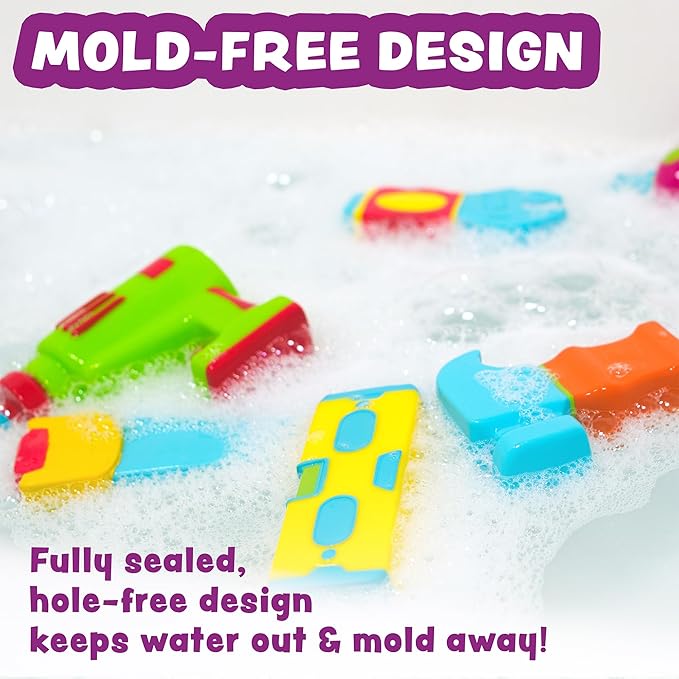 Tub Works® Tools??Mold Free Bath Toys, 6 Pack | Sealed, No Hole Bath Toys Design Keeps Moisture Out | Soft, Squeezable & Float on Water | Easy-Grip Baby & Toddler Bathtub Toys | Great for Baby Pools